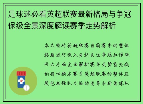 足球迷必看英超联赛最新格局与争冠保级全景深度解读赛季走势解析